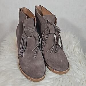UGG Women's Grey Suede Corin Ankle Bootie with Fringe Bow